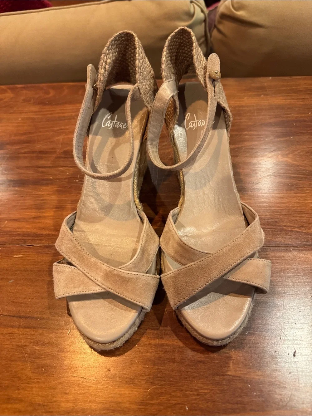 Castaner Bruna Espadrille Wedge Shoe 38 Taupe Sand Leather Open Casual Button - Picture 2 of 16